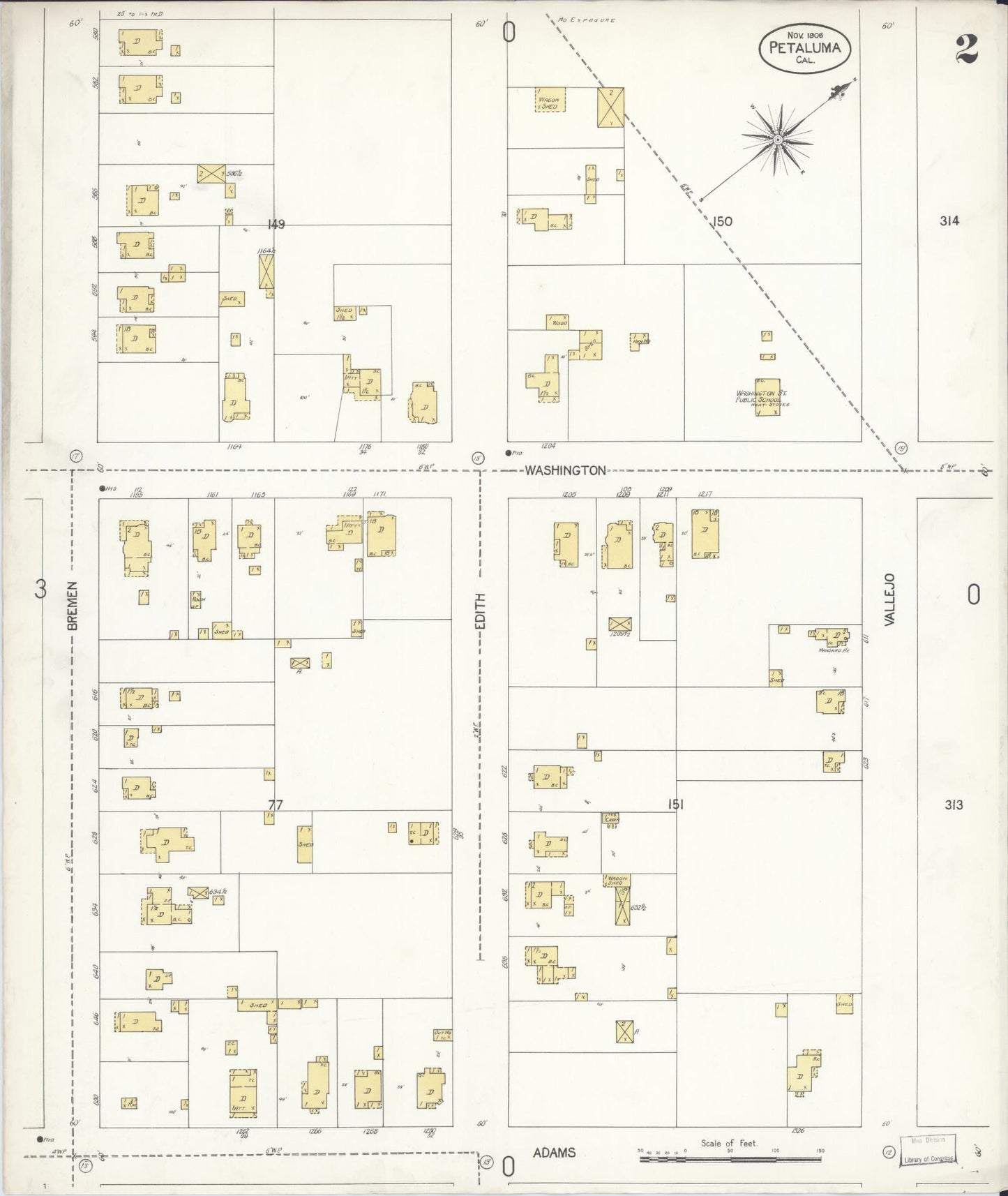Sanborn Fire Insurance Map from Petaluma, Sonoma County, California (1906), Sheet #0002 - Complete Map Set gallery image, historic Sanborn map, vintage wall art, California California