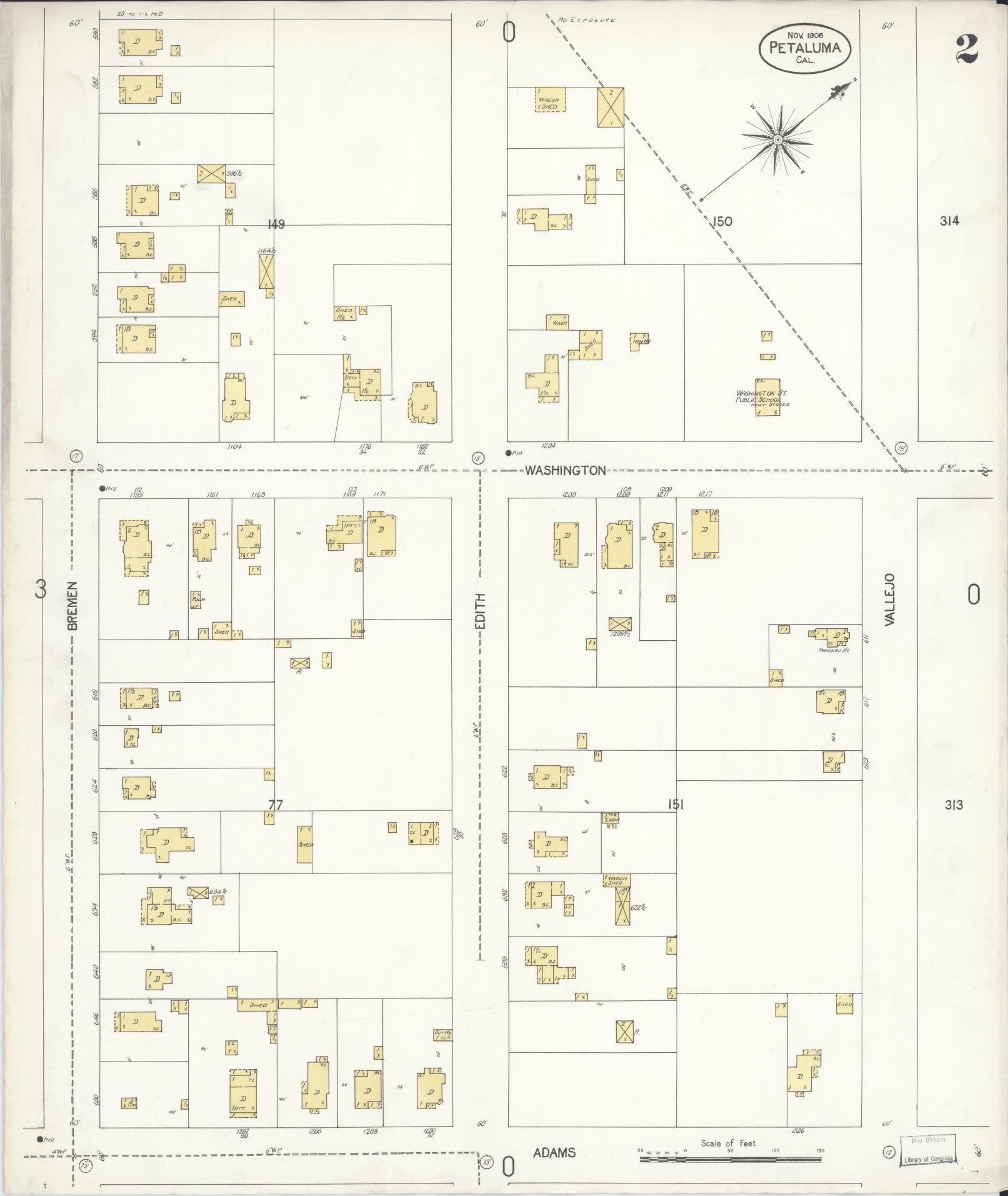 Sanborn Fire Insurance Map from Petaluma, Sonoma County, California (1906), Sheet #0002 - Complete Map Set gallery image, historic Sanborn map, vintage wall art, California California
