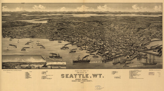 Bird's eye view of the city of Seattle, W.T., Puget Sound, county seat of King County 1884. (1884) – Historic Bird’s-Eye View Panorama Print