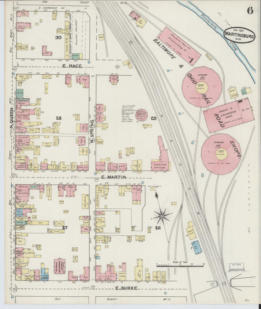 Sanborn Fire Insurance Map from Martinsburg, Berkeley County, West Virginia (1891), Sheet #0006 - Historic Sanborn Fire Insurance Map Print, vintage old map wall art, antique decor, genealogy gift, West Virginia West Virginia map
