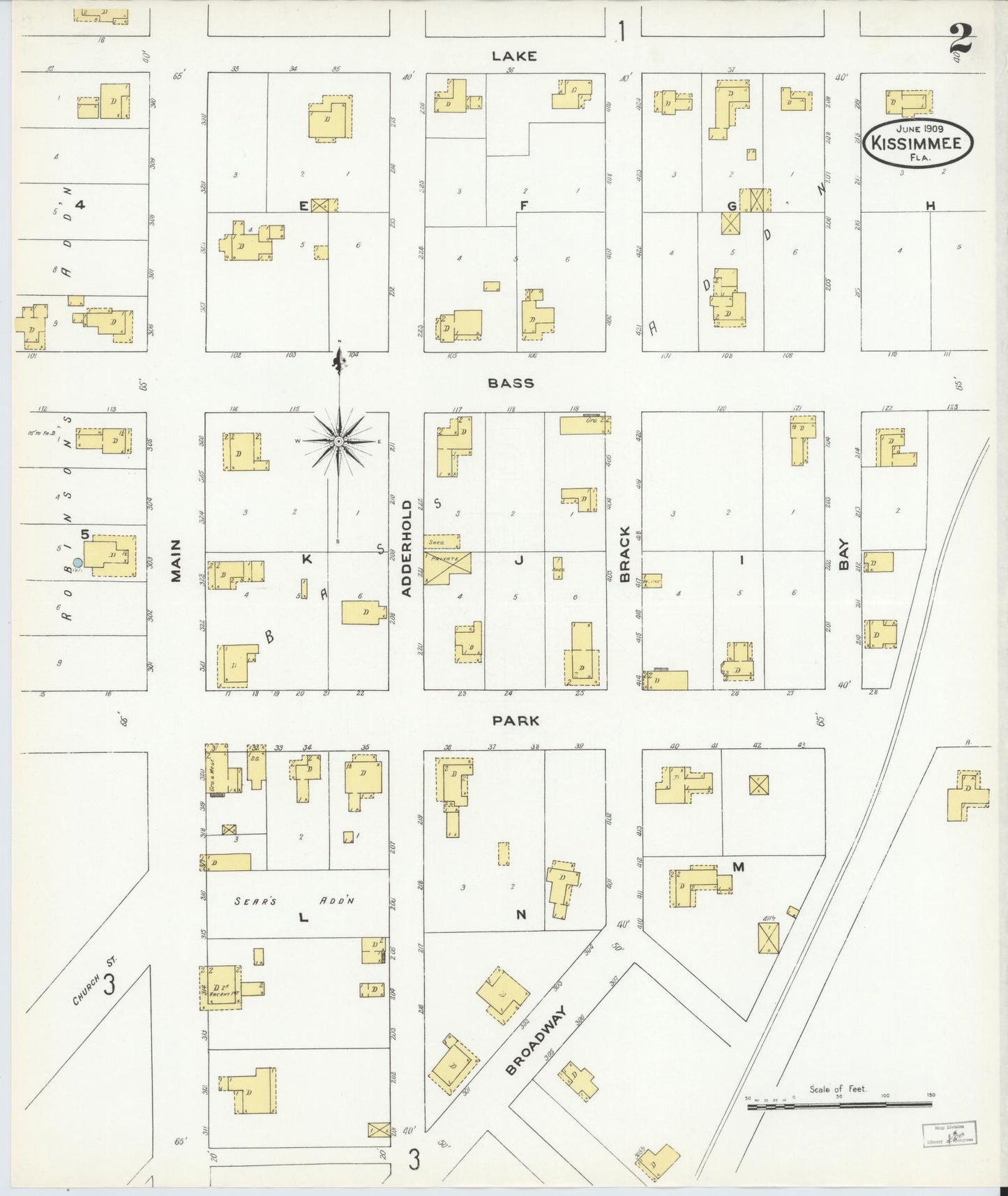 Sanborn Fire Insurance Map from Kissimmee, Osceola County, Florida (1909), Sheet #0002 - Complete Map Set gallery image, historic Sanborn map, vintage wall art, Florida Florida