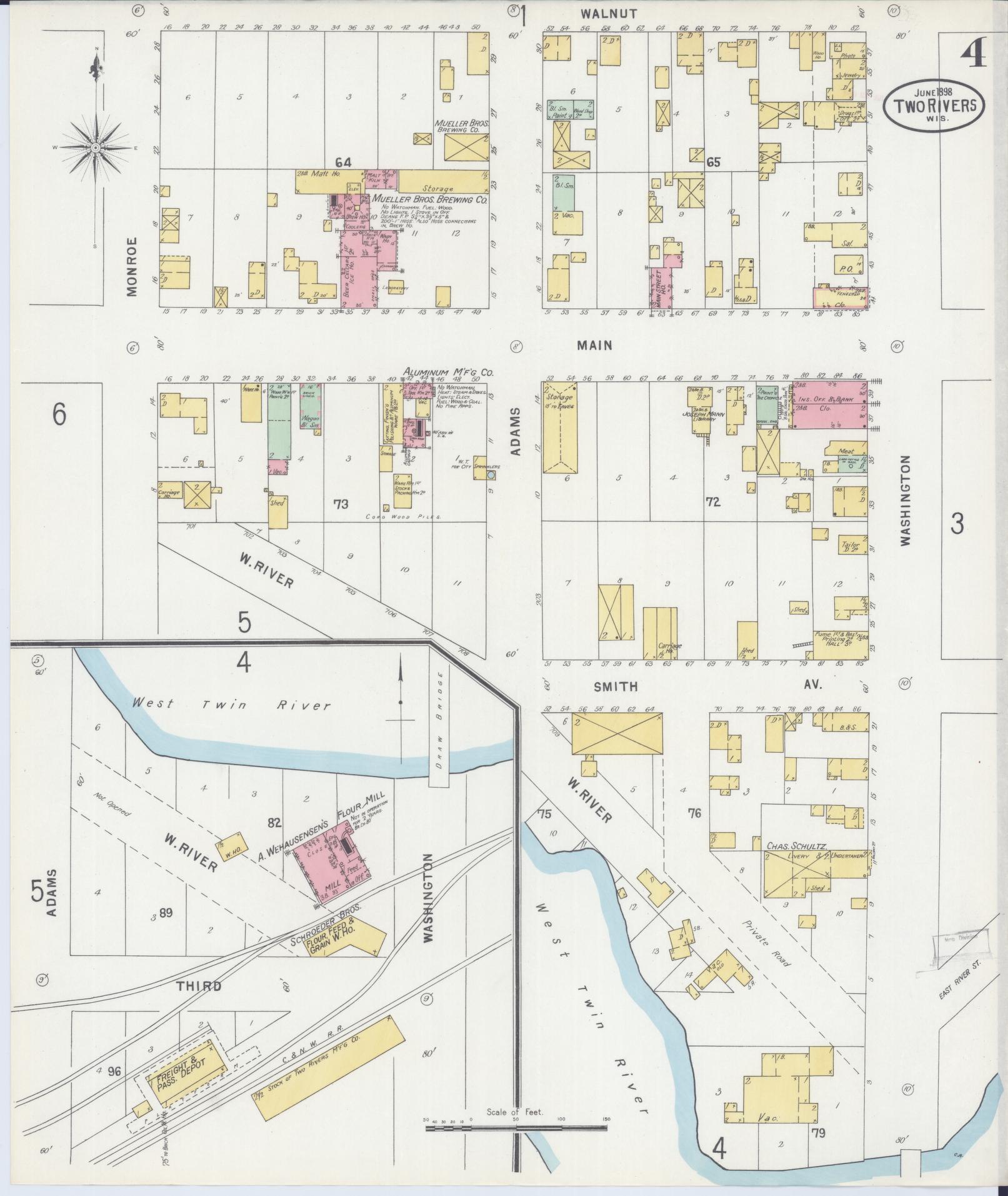 Sanborn Fire Insurance Map from Two Rivers, Manitowoc County, Wisconsin (1898), Sheet #0004 - Complete Map Set gallery image, historic Sanborn map, vintage wall art, Wisconsin Wisconsin