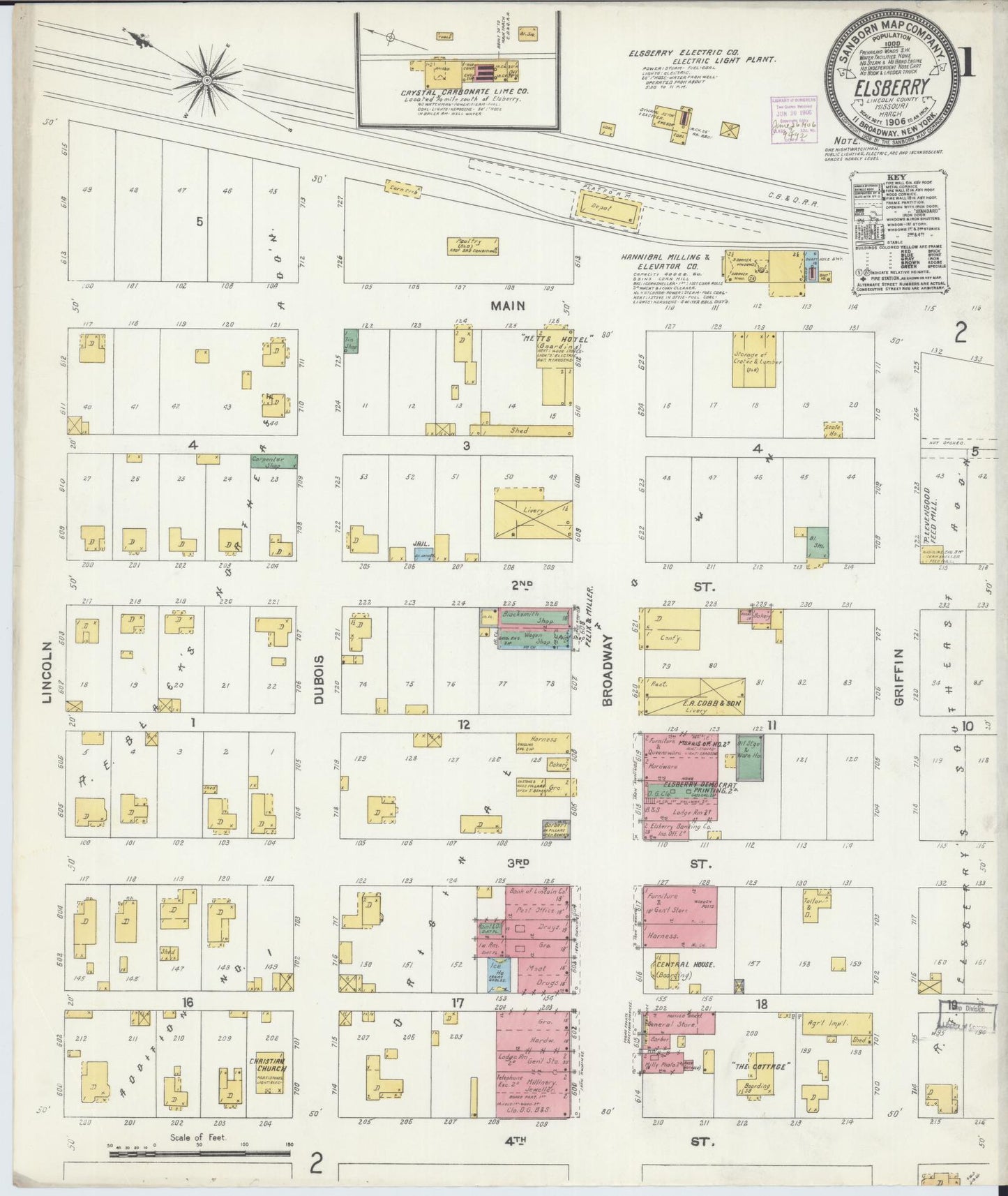 Sanborn Fire Insurance Map from Elsberry, Lincoln County, Missouri (1906), Sheet #0001 - Historic Sanborn Fire Insurance Map Print, vintage old map wall art, antique decor, genealogy gift, Missouri Missouri map