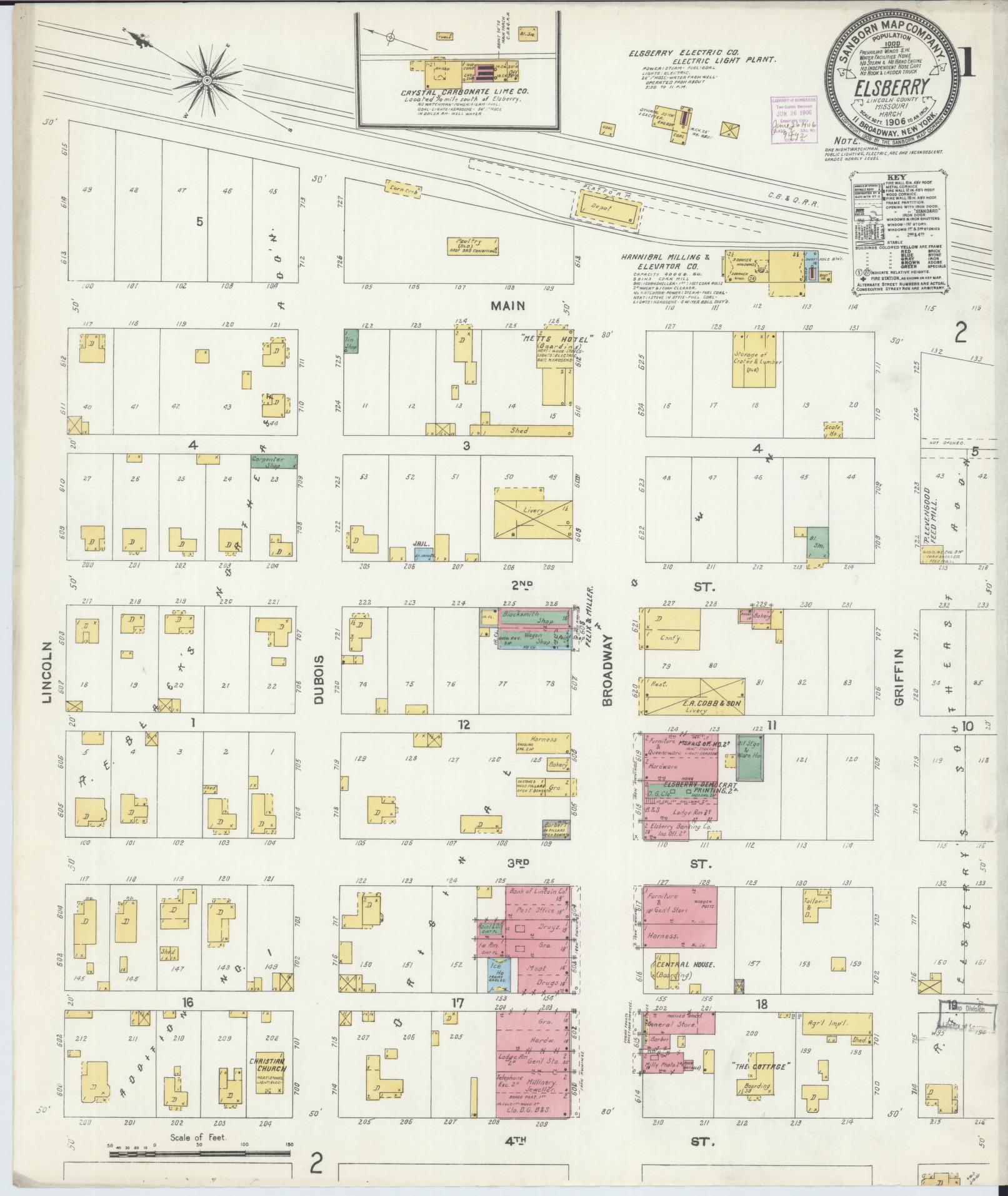 Sanborn Fire Insurance Map from Elsberry, Lincoln County, Missouri (1906), Sheet #0001 - Historic Sanborn Fire Insurance Map Print, vintage old map wall art, antique decor, genealogy gift, Missouri Missouri map