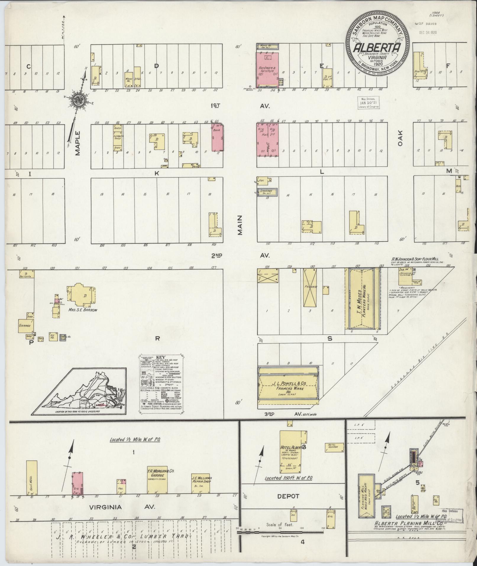 Sanborn Fire Insurance Map from Alberta, Brunswick County, Virginia. (1920) – Historic Sanborn Fire Insurance Map Print