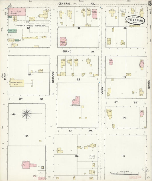 Sanborn Fire Insurance Map from Bozeman, Gallatin County, Montana (1890), Sheet #0005 - Historic Sanborn Fire Insurance Map Print, vintage old map wall art, antique decor, genealogy gift, Montana Montana map