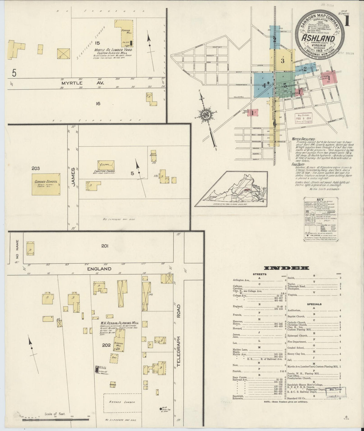 Sanborn Fire Insurance Map from Ashland, Hanover County, Virginia (1913), Sheet #0001 - Complete Map Set gallery image, historic Sanborn map, vintage wall art, Virginia Virginia