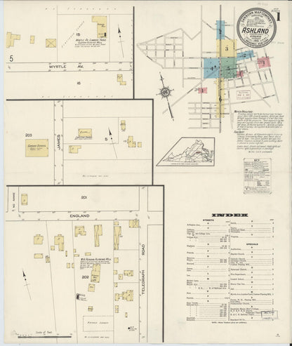 Sanborn Fire Insurance Map from Ashland, Hanover County, Virginia (1913), Sheet #0001 - Complete Map Set gallery image, historic Sanborn map, vintage wall art, Virginia Virginia