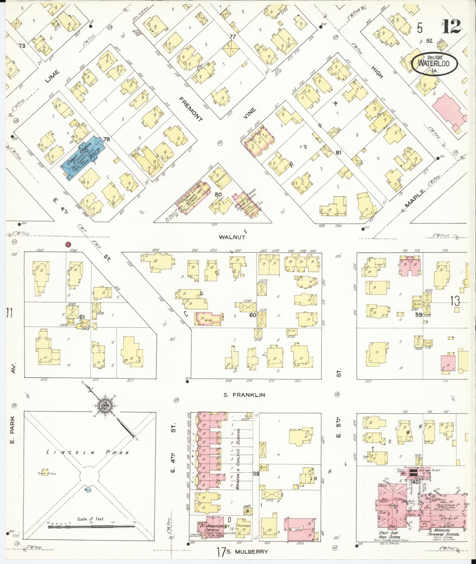 Sanborn Fire Insurance Map from Waterloo, Black Hawk County, Iowa (1910), Sheet #0012 - Historic Sanborn Fire Insurance Map Print, vintage old map wall art