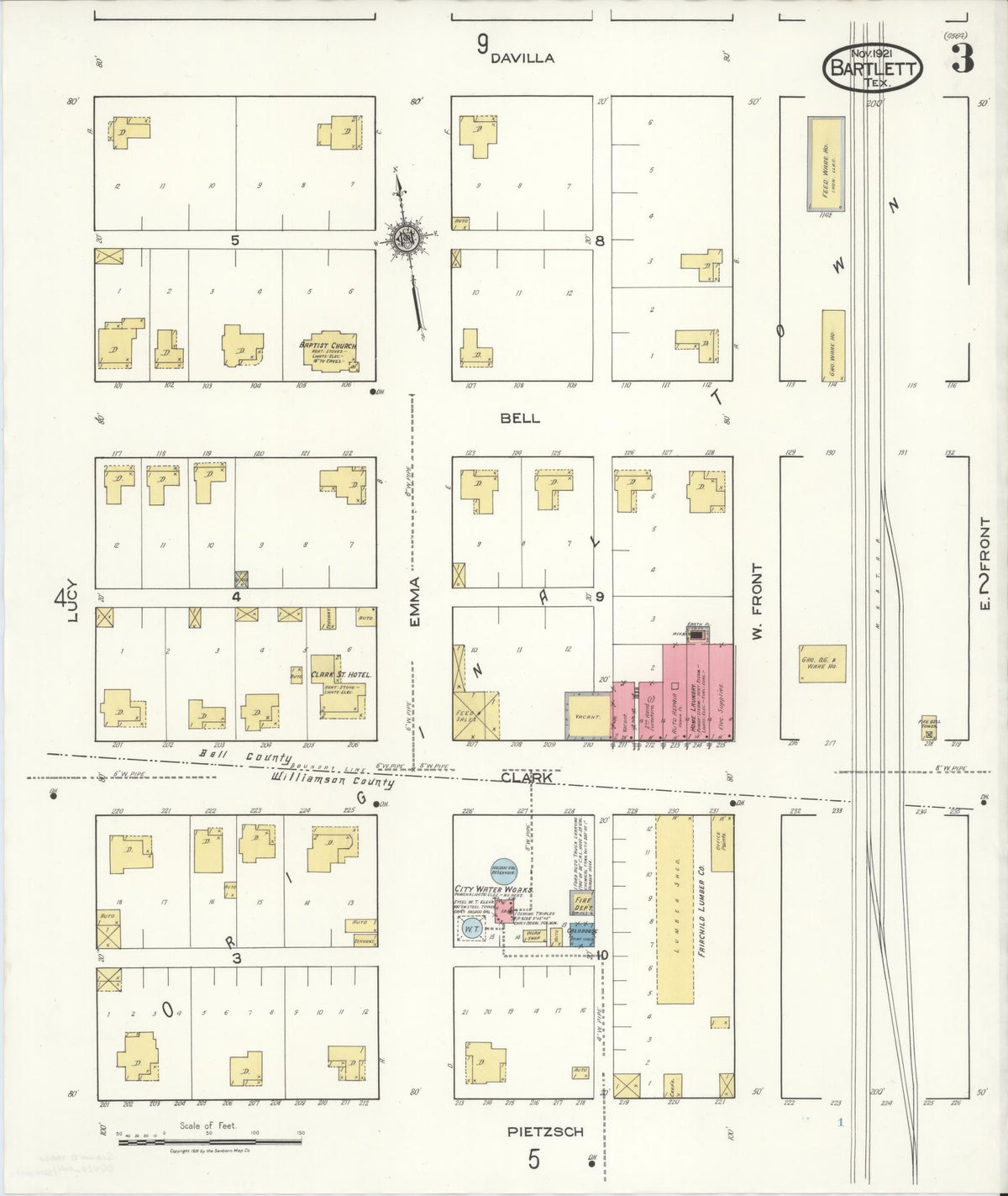 Sanborn Fire Insurance Map from Bartlett, Bell and Williamson Counties, Texas (1921), Sheet #0003 - Historic Sanborn Fire Insurance Map Print, vintage old map wall art, antique decor, genealogy gift, Texas Texas map