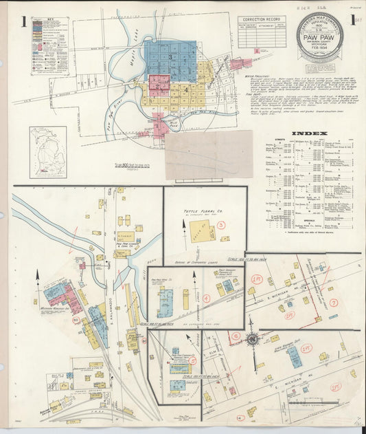 Sanborn Fire Insurance Map from Paw Paw, Van Buren County, Michigan (1944), Sheet #0001 - Historic Sanborn Fire Insurance Map Print, vintage old map wall art, antique decor, genealogy gift, Michigan Michigan map