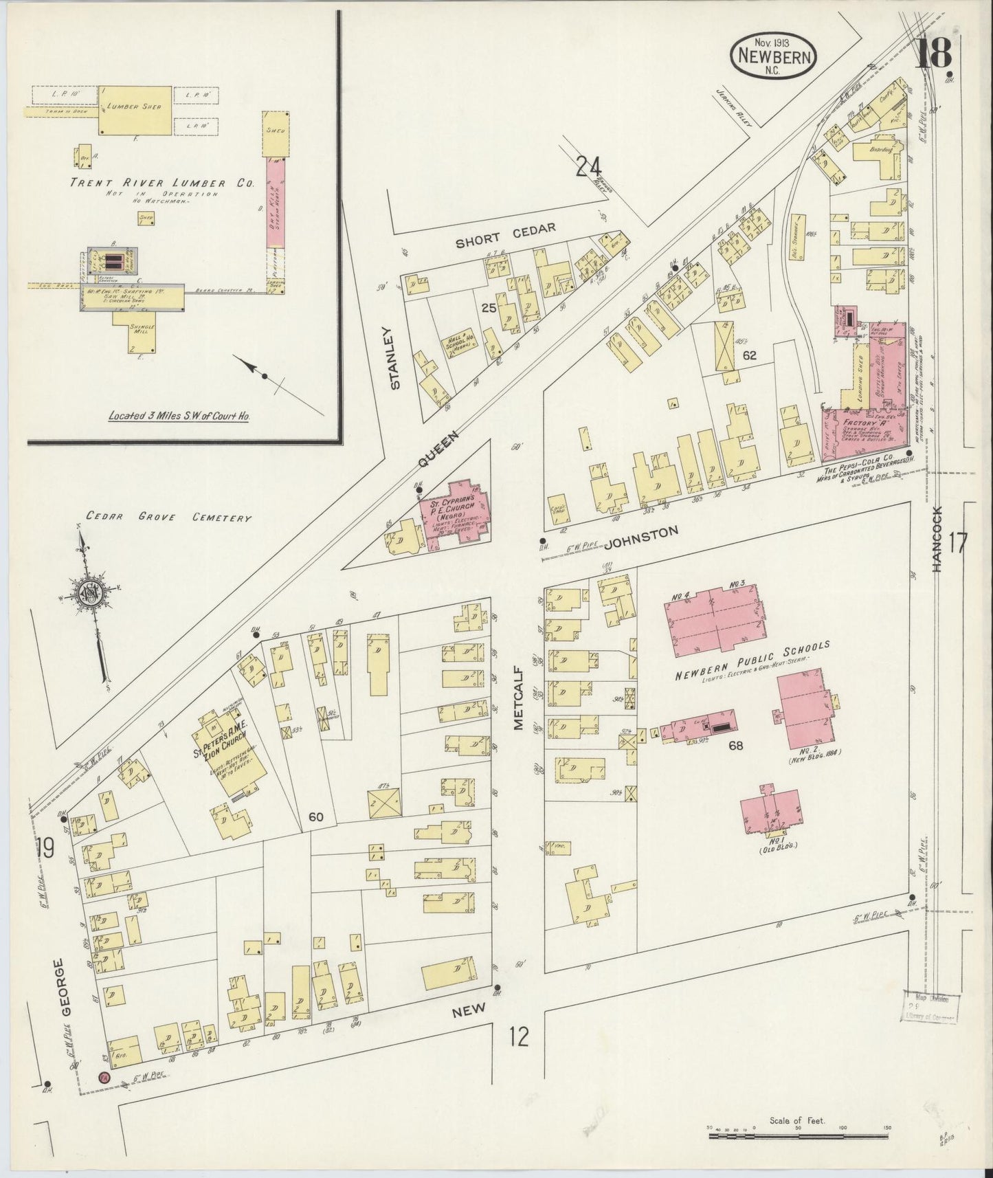 Sanborn Fire Insurance Map from New Bern, Craven County, North Carolina (1913), Sheet #0018 - Historic Sanborn Fire Insurance Map Print, vintage old map wall art, antique decor, genealogy gift, North Carolina North Carolina map