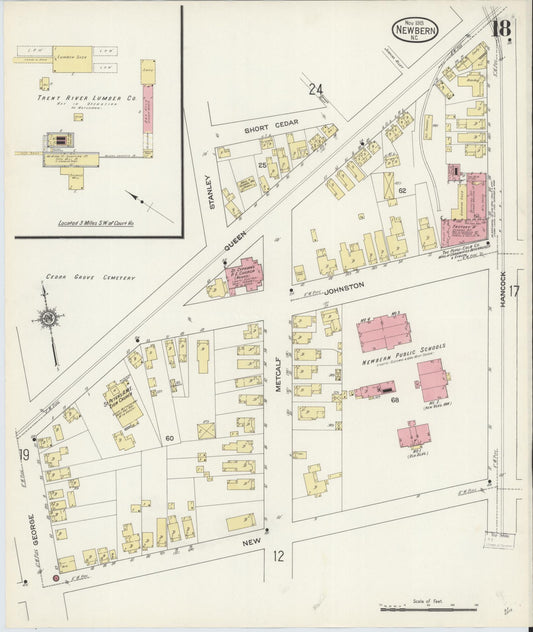 Sanborn Fire Insurance Map from New Bern, Craven County, North Carolina (1913), Sheet #0018 - Historic Sanborn Fire Insurance Map Print, vintage old map wall art, antique decor, genealogy gift, North Carolina North Carolina map