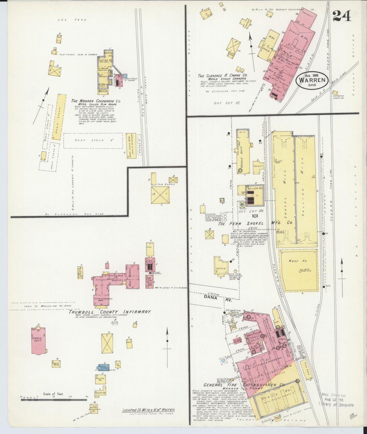 Sanborn Fire Insurance Map from Warren, Trumbull County, Ohio (1908), Sheet #0024 - Historic Sanborn Fire Insurance Map Print, vintage old map wall art, antique decor, genealogy gift, Ohio Ohio map