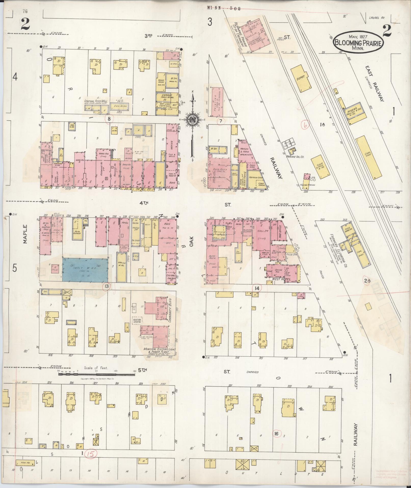 Sanborn Fire Insurance Map from Blooming Prairie, Steele County, Minnesota (1937), Sheet #0002 - Historic Sanborn Fire Insurance Map Print, vintage old map wall art, antique decor, genealogy gift, Minnesota Minnesota map
