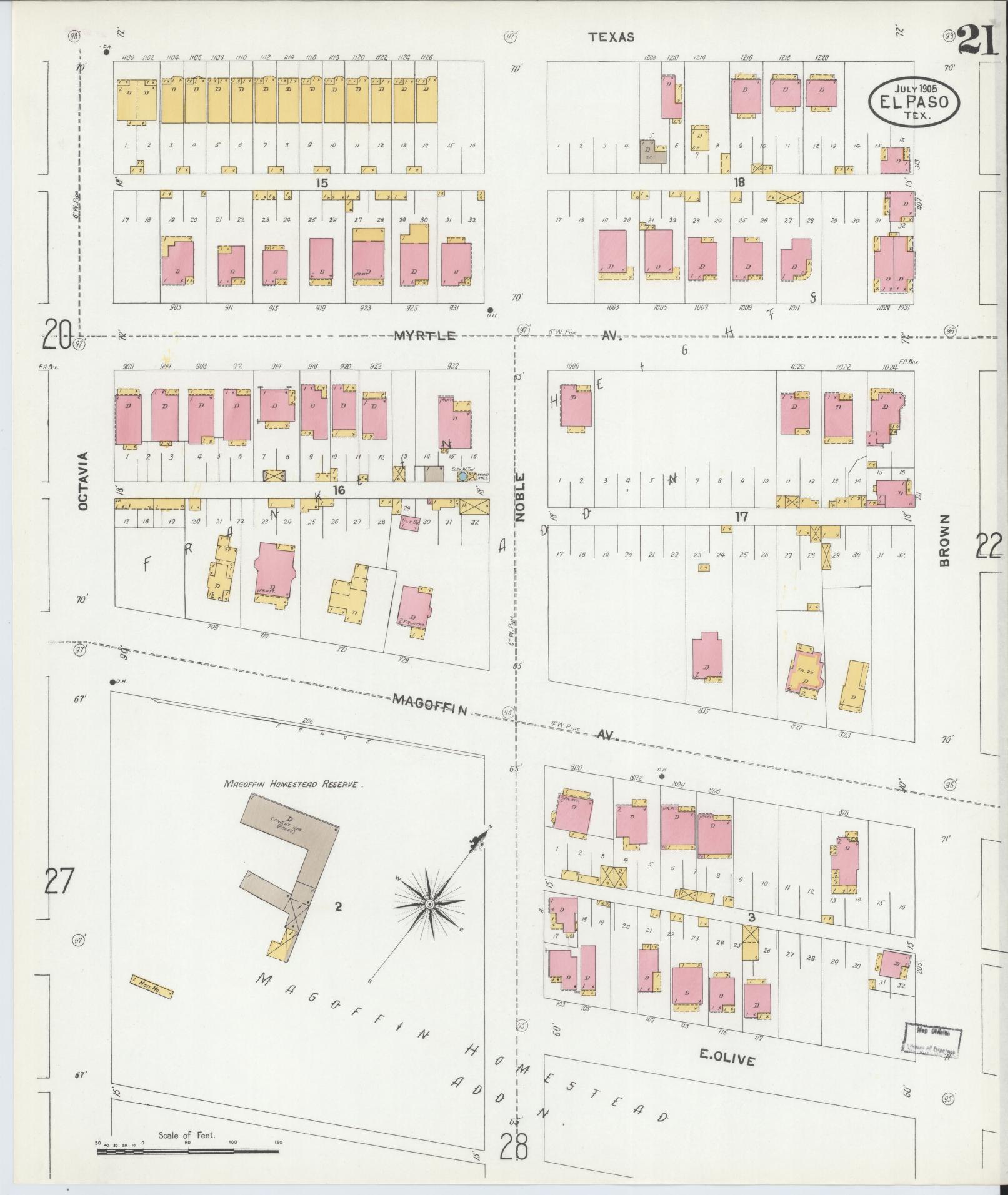 Sanborn Fire Insurance Map from El Paso, El Paso County, Texas (1905), Sheet #0021 - Complete Map Set gallery image, historic Sanborn map, vintage wall art, Texas Texas
