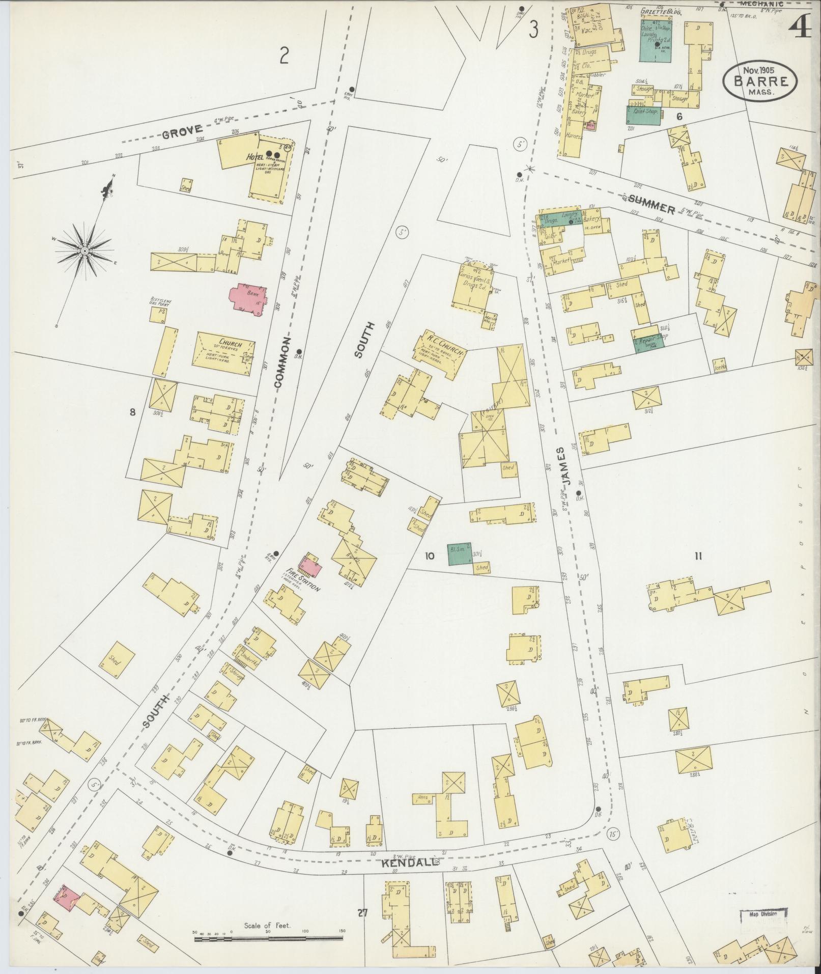 Sanborn Fire Insurance Map from Barre, Worcester County, Massachusetts (1905), Sheet #0004 - Complete Map Set gallery image, historic Sanborn map, vintage wall art, Massachusetts Massachusetts