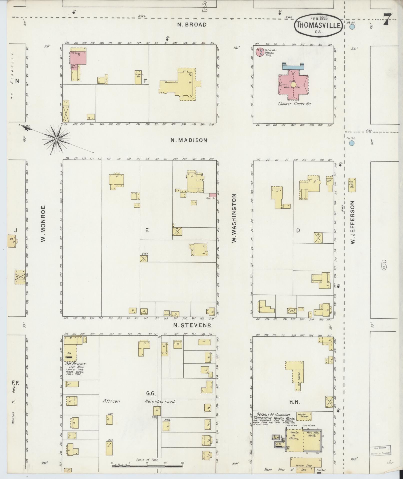 Sanborn Fire Insurance Map from Thomasville, Thomas County, Georgia (1895), Sheet #0007 - Historic Sanborn Fire Insurance Map Print, vintage old map wall art, antique decor, genealogy gift, Georgia Georgia map