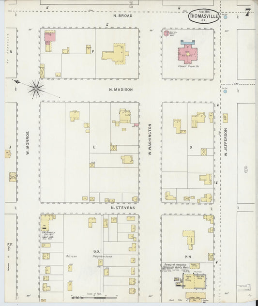 Sanborn Fire Insurance Map from Thomasville, Thomas County, Georgia (1895), Sheet #0007 - Historic Sanborn Fire Insurance Map Print, vintage old map wall art, antique decor, genealogy gift, Georgia Georgia map