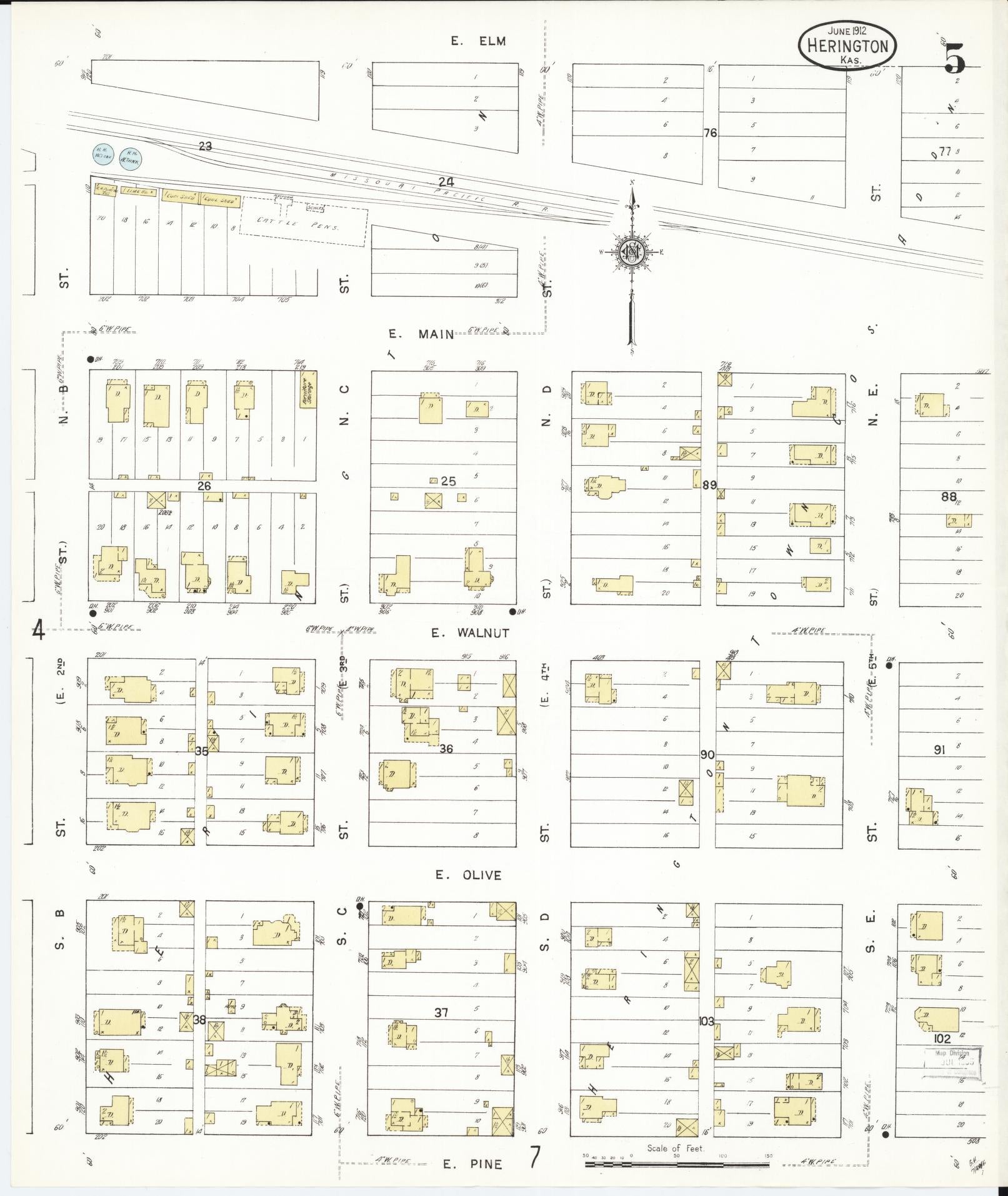 Sanborn Fire Insurance Map from Herington, Dickinson County, Kansas (1912), Sheet #0005 - Historic Sanborn Fire Insurance Map Print, vintage old map wall art, antique decor, genealogy gift, Kansas Kansas map
