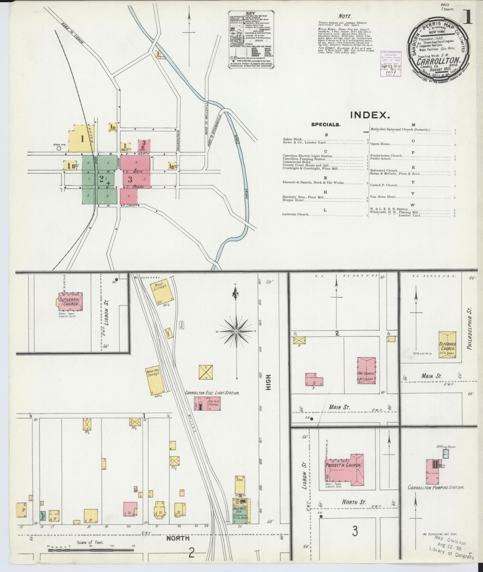 Sanborn Fire Insurance Map from Carrollton, Carroll County, Ohio (1901), Sheet #0001 - Complete Map Set gallery image, historic Sanborn map, vintage wall art, Ohio Ohio