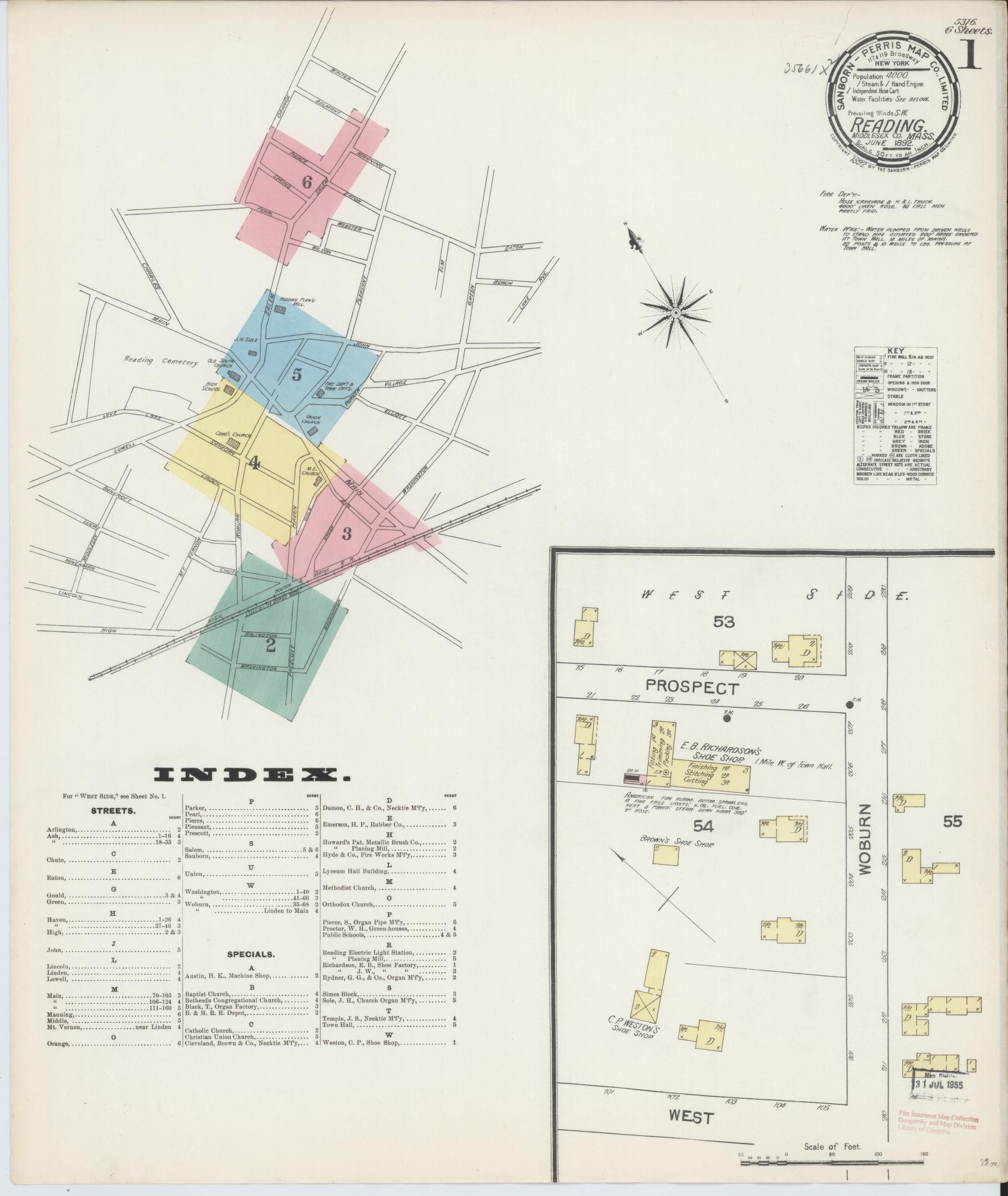 Sanborn Fire Insurance Map from Reading, Middlesex County, Massachusetts (1892), Sheet #0001 - Historic Sanborn Fire Insurance Map Print, vintage old map wall art, antique decor, genealogy gift, Massachusetts Massachusetts map