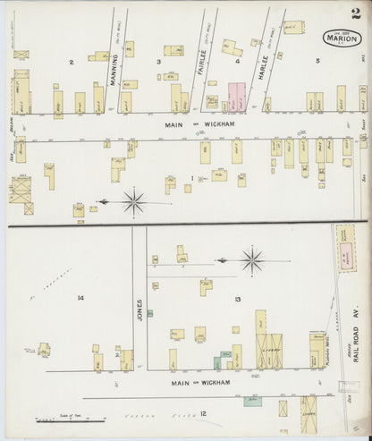 Sanborn Fire Insurance Map from Marion, Marion County, South Carolina (1889), Sheet #0002 - Complete Map Set gallery image, historic Sanborn map, vintage wall art, South Carolina South Carolina