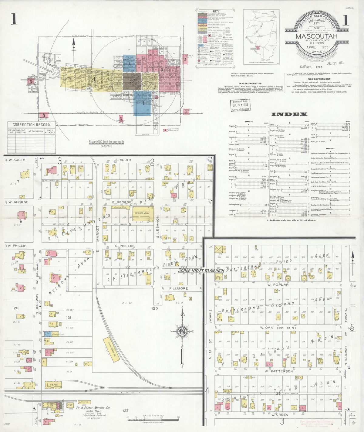 Sanborn Fire Insurance Map from Mascoutah, Saint Clair County, Illinois (1933), Sheet #0001 - Complete Map Set gallery image, historic Sanborn map, vintage wall art, Illinois Illinois