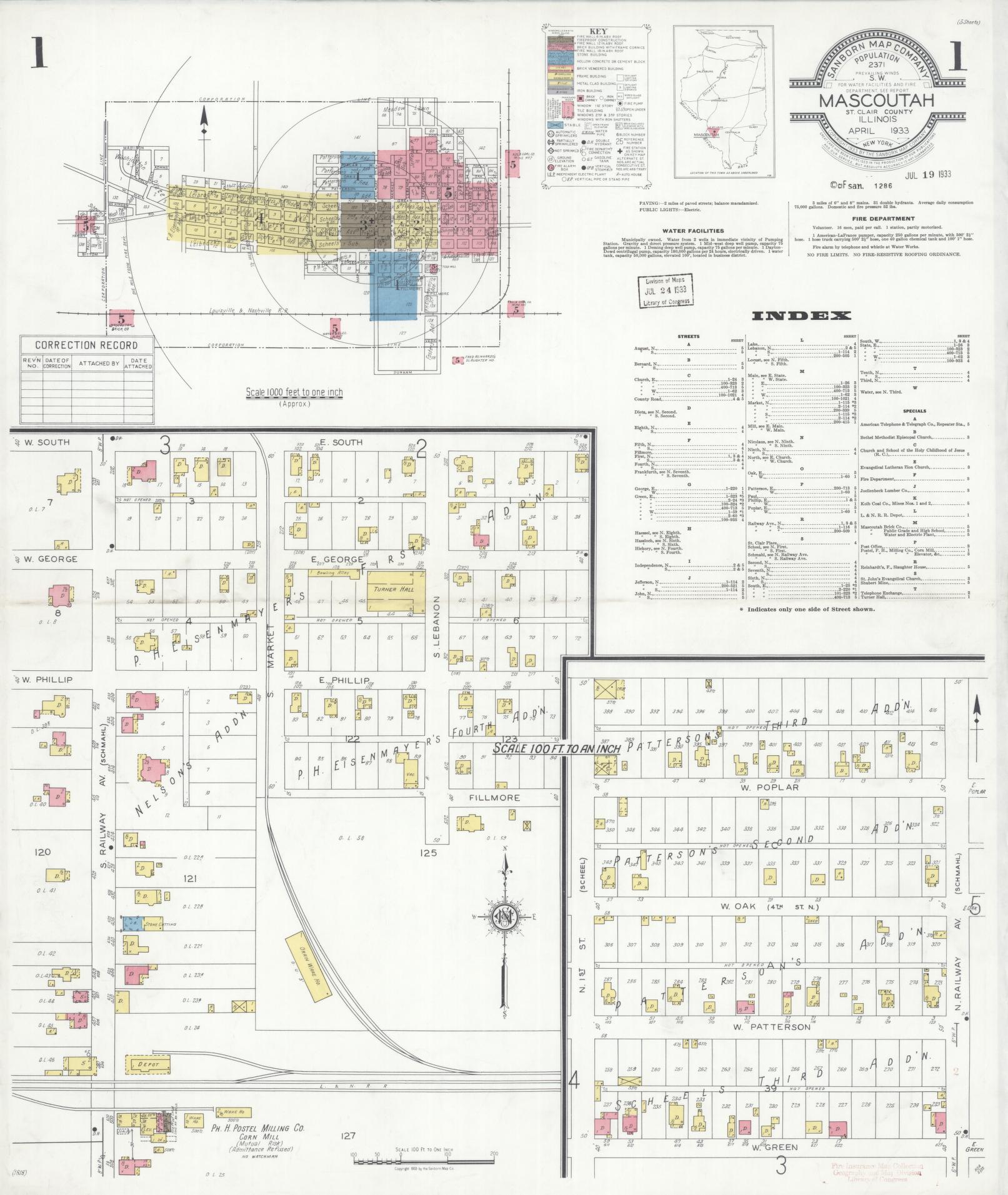 Sanborn Fire Insurance Map from Mascoutah, Saint Clair County, Illinois (1933), Sheet #0001 - Complete Map Set gallery image, historic Sanborn map, vintage wall art, Illinois Illinois