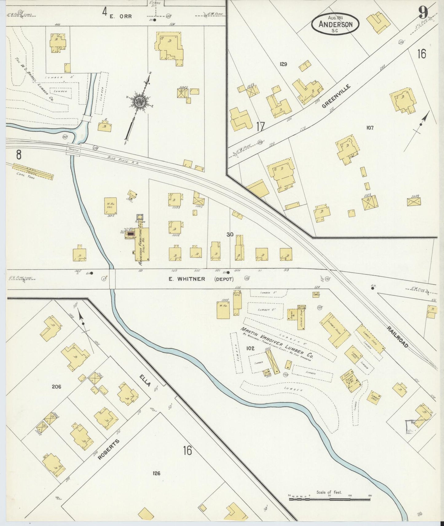 Sanborn Fire Insurance Map from Anderson, Anderson County, South Carolina (1911), Sheet #0009 - Historic Sanborn Fire Insurance Map Print, vintage old map wall art, antique decor, genealogy gift, South Carolina South Carolina map