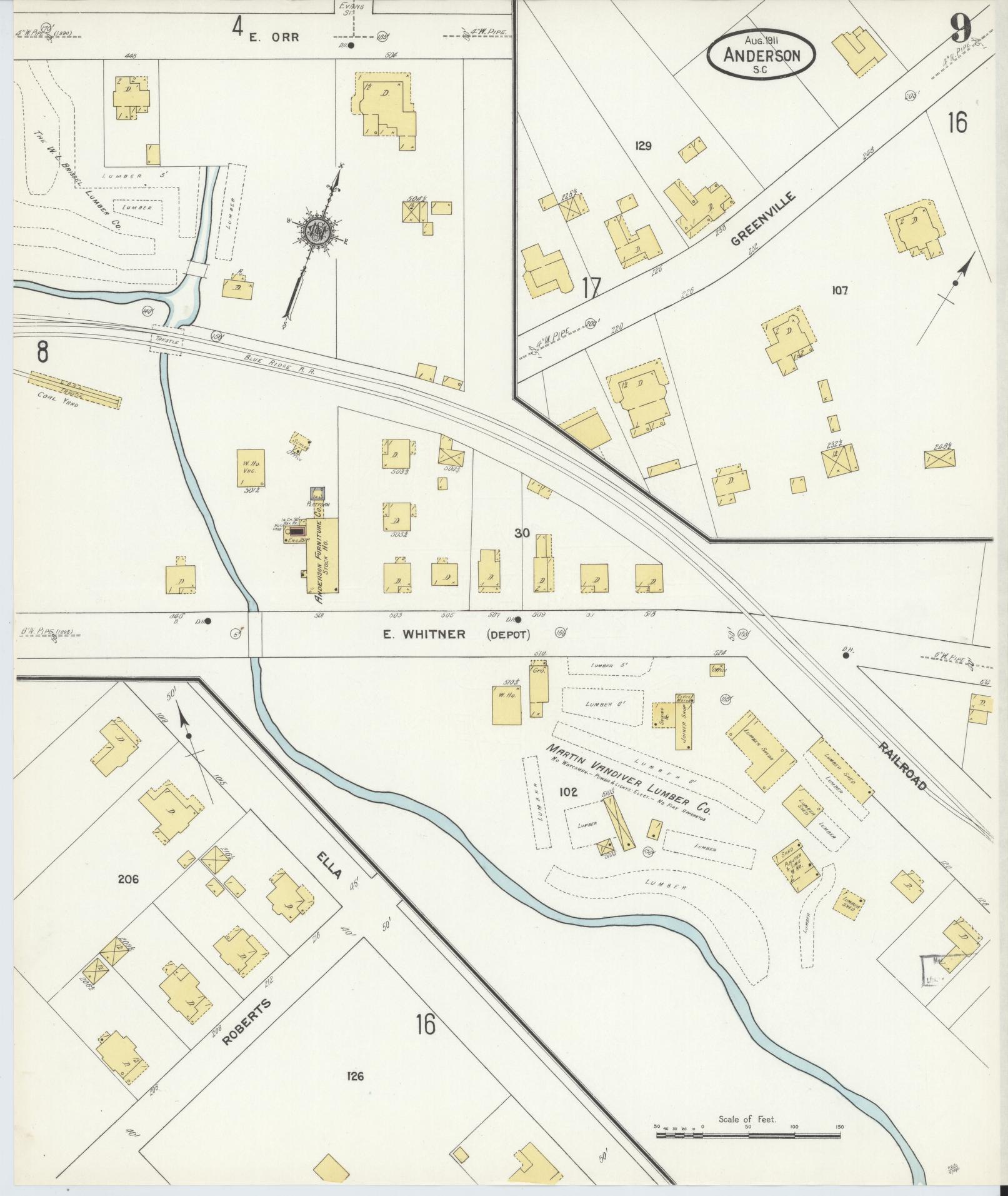 Sanborn Fire Insurance Map from Anderson, Anderson County, South Carolina (1911), Sheet #0009 - Historic Sanborn Fire Insurance Map Print, vintage old map wall art, antique decor, genealogy gift, South Carolina South Carolina map