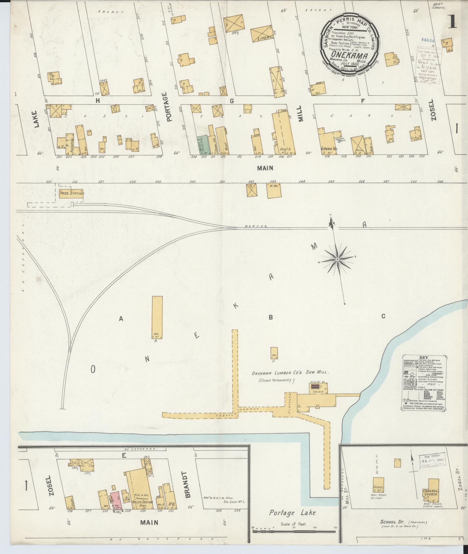 Sanborn Fire Insurance Map from Onekama, Manistee County, Michigan (1900), Sheet #0001 - Historic Sanborn Fire Insurance Map Print, vintage old map wall art, antique decor, genealogy gift, Michigan Michigan map