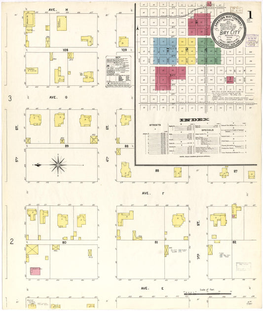 Sanborn Fire Insurance Map from Bay City, Matagorda County, Texas (1907), Sheet #0001 - Historic Sanborn Fire Insurance Map Print, vintage old map wall art, antique decor, genealogy gift, Texas Texas map