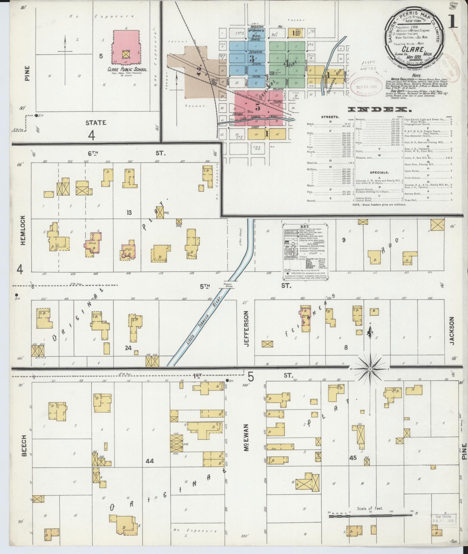 Sanborn Fire Insurance Map from Clare, Clare County, Michigan (1899), Sheet #0001 - Historic Sanborn Fire Insurance Map Print, vintage old map wall art, antique decor, genealogy gift, Michigan Michigan map
