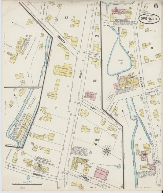 Sanborn Fire Insurance Map from Spencer, Worcester County, Massachusetts (1887), Sheet #0006 - Historic Sanborn Fire Insurance Map Print, vintage old map wall art, antique decor, genealogy gift, Massachusetts Massachusetts map