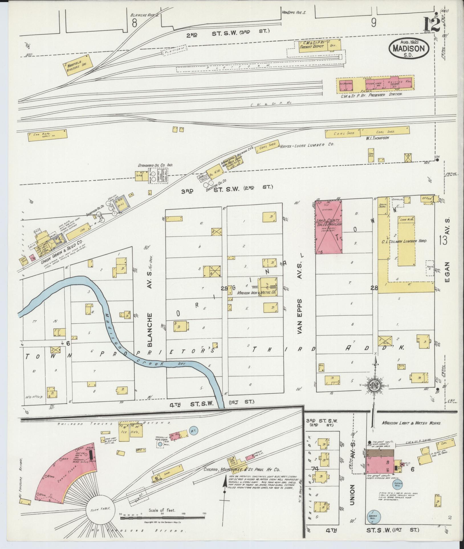 Sanborn Fire Insurance Map from Madison, Lake County, South Dakota (1921), Sheet #0012 - Historic Sanborn Fire Insurance Map Print, vintage old map wall art, antique decor, genealogy gift, South Dakota South Dakota map