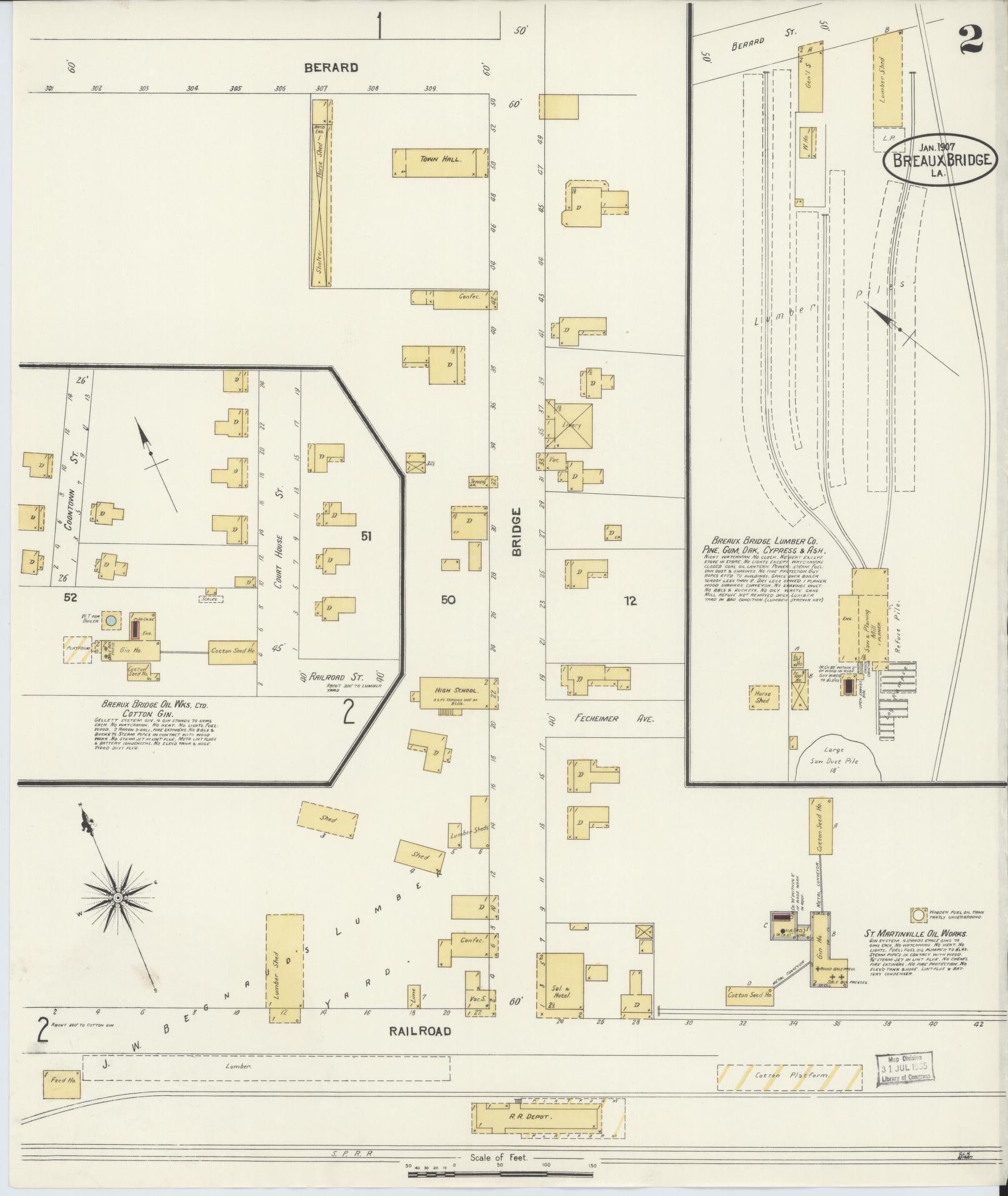 Sanborn Fire Insurance Map from Breaux Bridge, Saint Martin Parish, Louisiana (1907), Sheet #0002 - Historic Sanborn Fire Insurance Map Print, vintage old map wall art, antique decor, genealogy gift, Louisiana Louisiana map