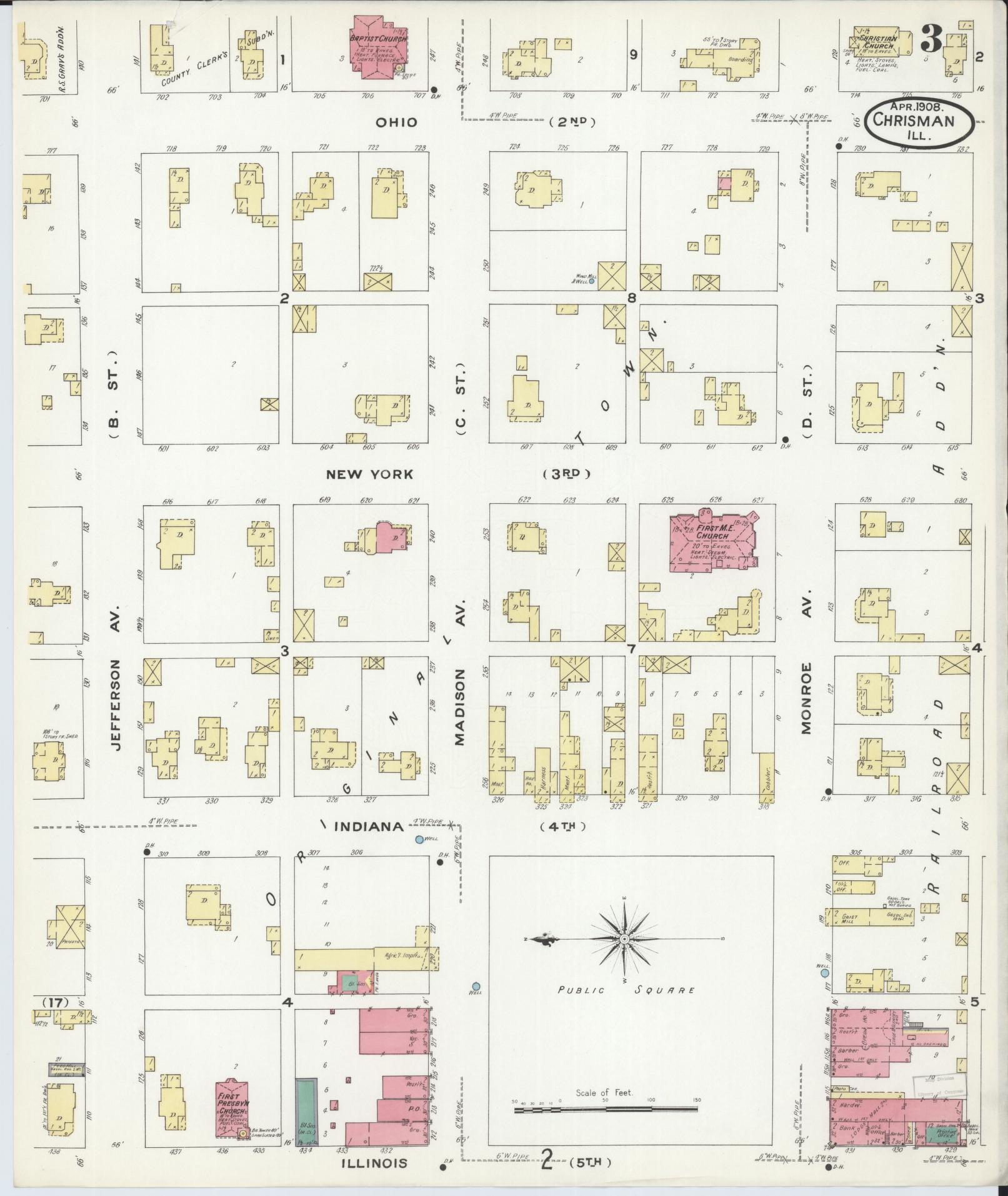 Sanborn Fire Insurance Map from Chrisman, Edgar County, Illinois (1908), Sheet #0003 - Historic Sanborn Fire Insurance Map Print, vintage old map wall art, antique decor, genealogy gift, Illinois Illinois map