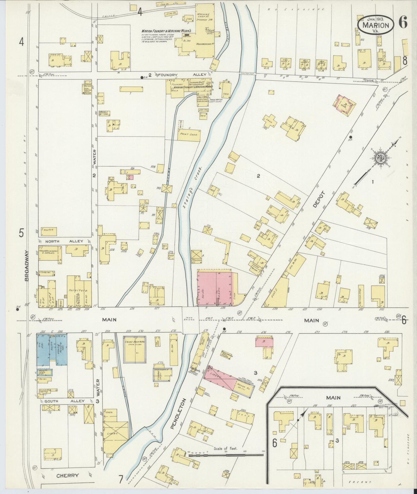 Sanborn Fire Insurance Map from Marion, Smyth County, Virginia (1913), Sheet #0006 - Historic Sanborn Fire Insurance Map Print, vintage old map wall art, antique decor, genealogy gift, Virginia Virginia map