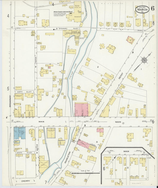 Sanborn Fire Insurance Map from Marion, Smyth County, Virginia (1913), Sheet #0006 - Historic Sanborn Fire Insurance Map Print, vintage old map wall art, antique decor, genealogy gift, Virginia Virginia map