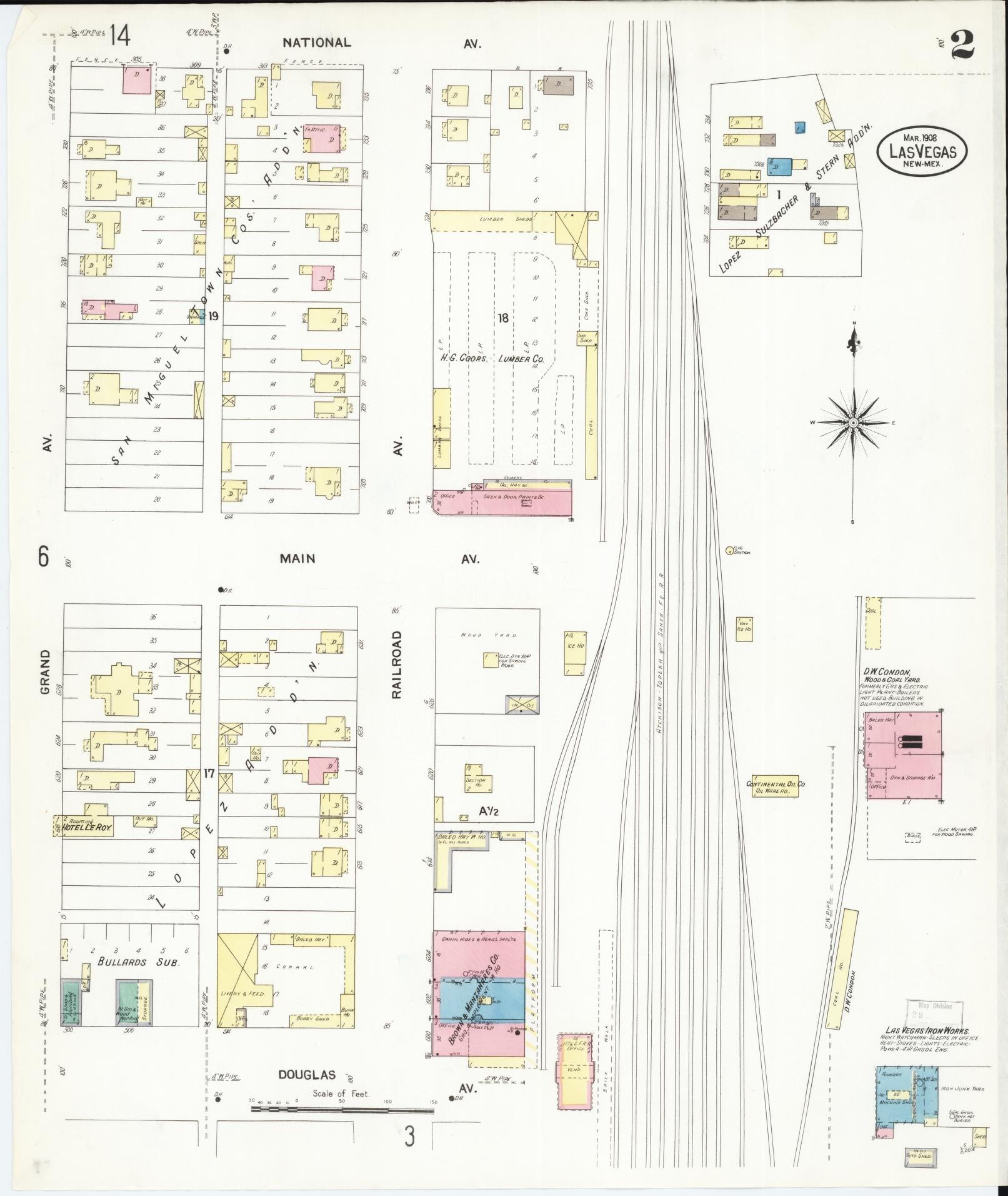 Sanborn Fire Insurance Map from Las Vegas, San Miguel County, New Mexico (1908), Sheet #0002 - Historic Sanborn Fire Insurance Map Print, vintage old map wall art, antique decor, genealogy gift, New Mexico New Mexico map