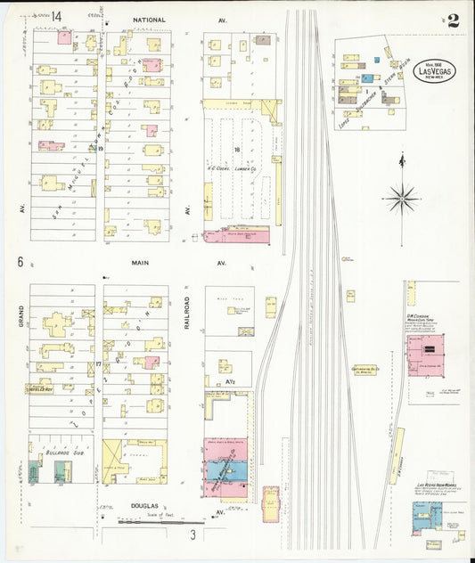 Sanborn Fire Insurance Map from Las Vegas, San Miguel County, New Mexico (1908), Sheet #0002 - Historic Sanborn Fire Insurance Map Print, vintage old map wall art, antique decor, genealogy gift, New Mexico New Mexico map