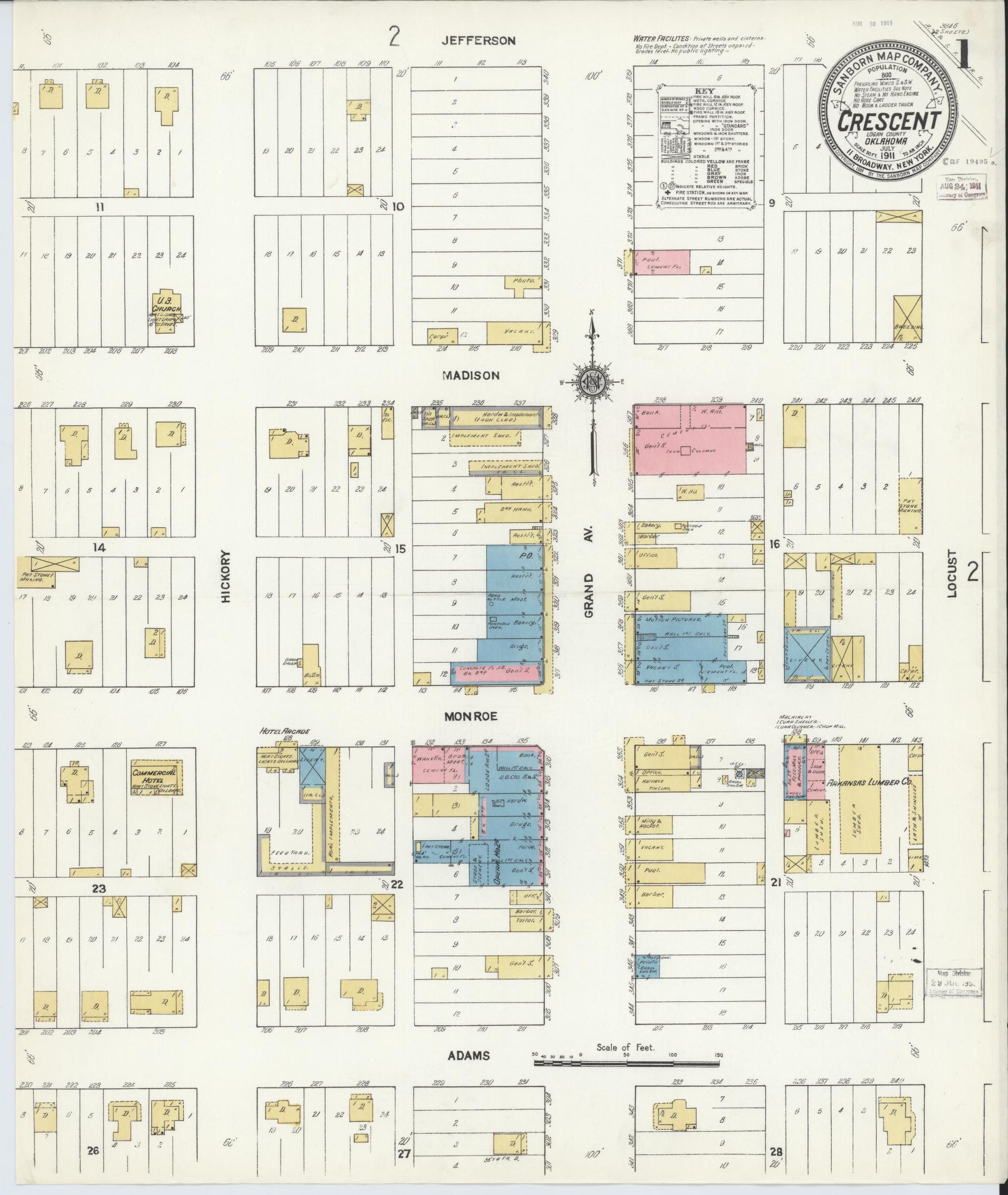 Sanborn Fire Insurance Map from Crescent, Logan County, Oklahoma (1911), Sheet #0001 - Historic Sanborn Fire Insurance Map Print, vintage old map wall art, antique decor, genealogy gift, Oklahoma Oklahoma map