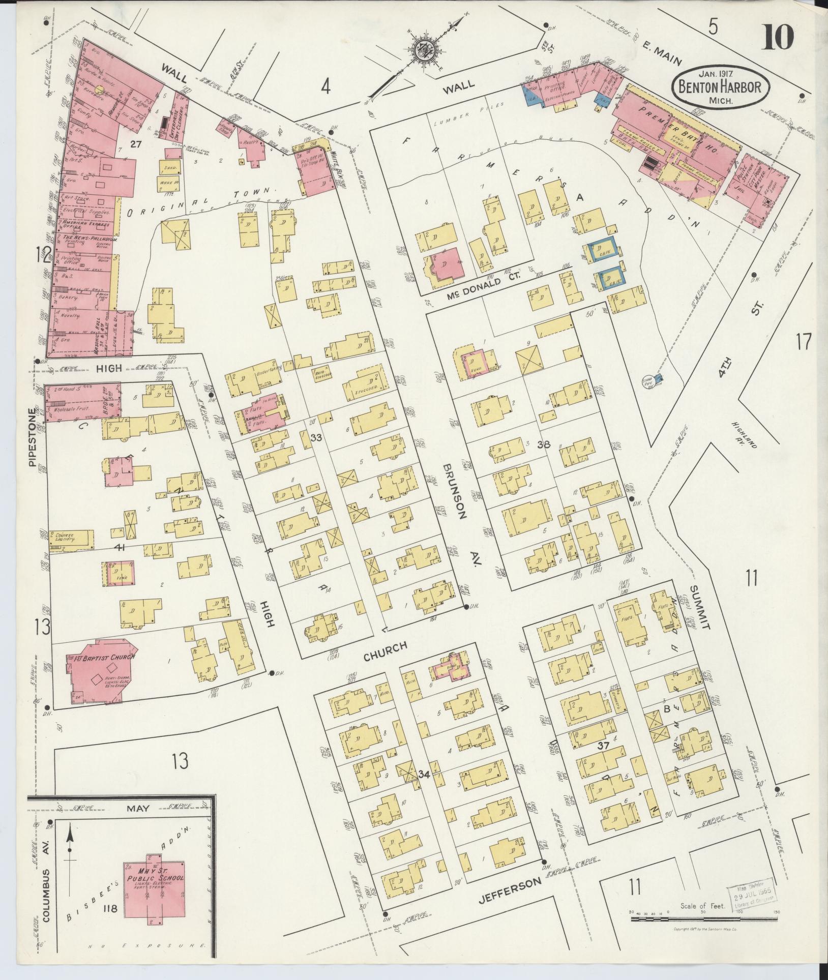 Sanborn Fire Insurance Map from Benton Harbor, Berrien County, Michigan (1917), Sheet #0010 - Historic Sanborn Fire Insurance Map Print, vintage old map wall art, antique decor, genealogy gift, Michigan Michigan map