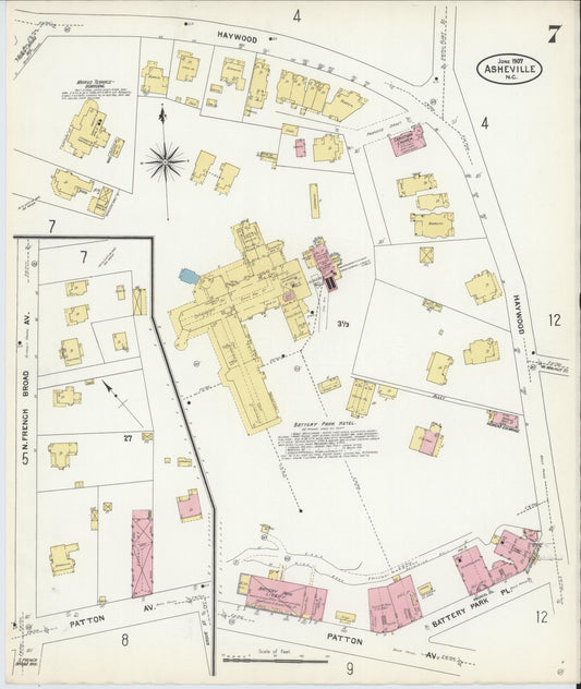 Sanborn Fire Insurance Map from Asheville, Buncombe County, North Carolina (1907), Sheet #0007 - Historic Sanborn Fire Insurance Map Print, vintage old map wall art, antique decor, genealogy gift, North Carolina North Carolina map