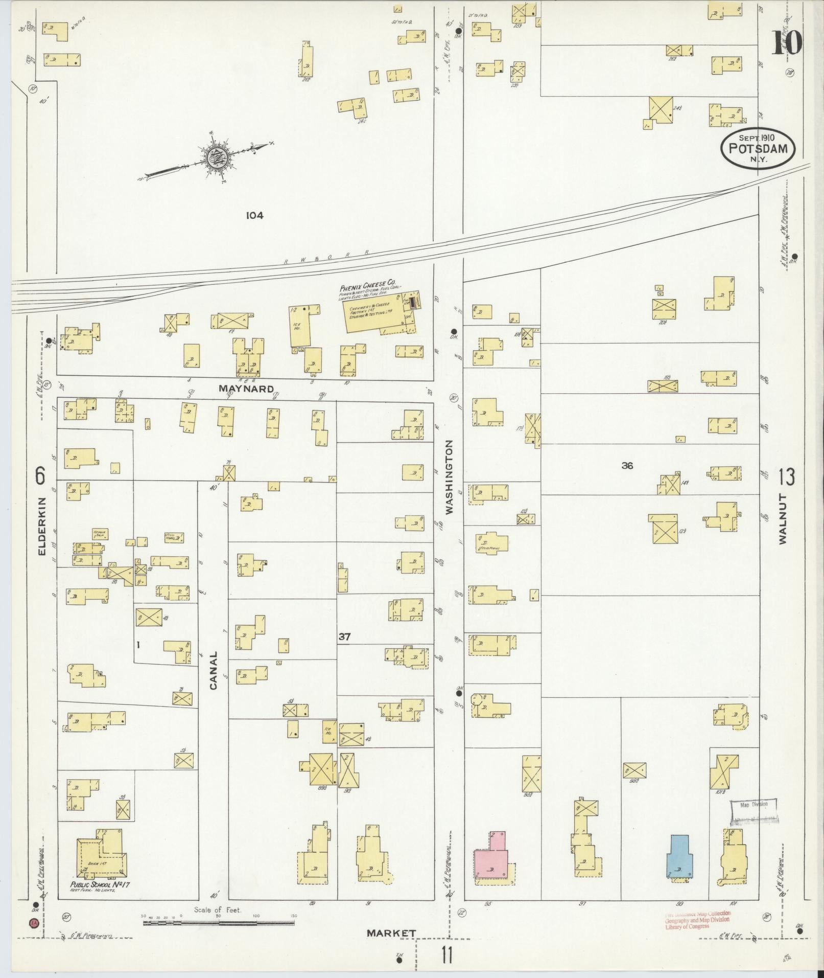 Sanborn Fire Insurance Map from Potsdam, St. Lawrence County, New York (1910), Sheet #0010 - Historic Sanborn Fire Insurance Map Print, vintage old map wall art, antique decor, genealogy gift, New York New York map