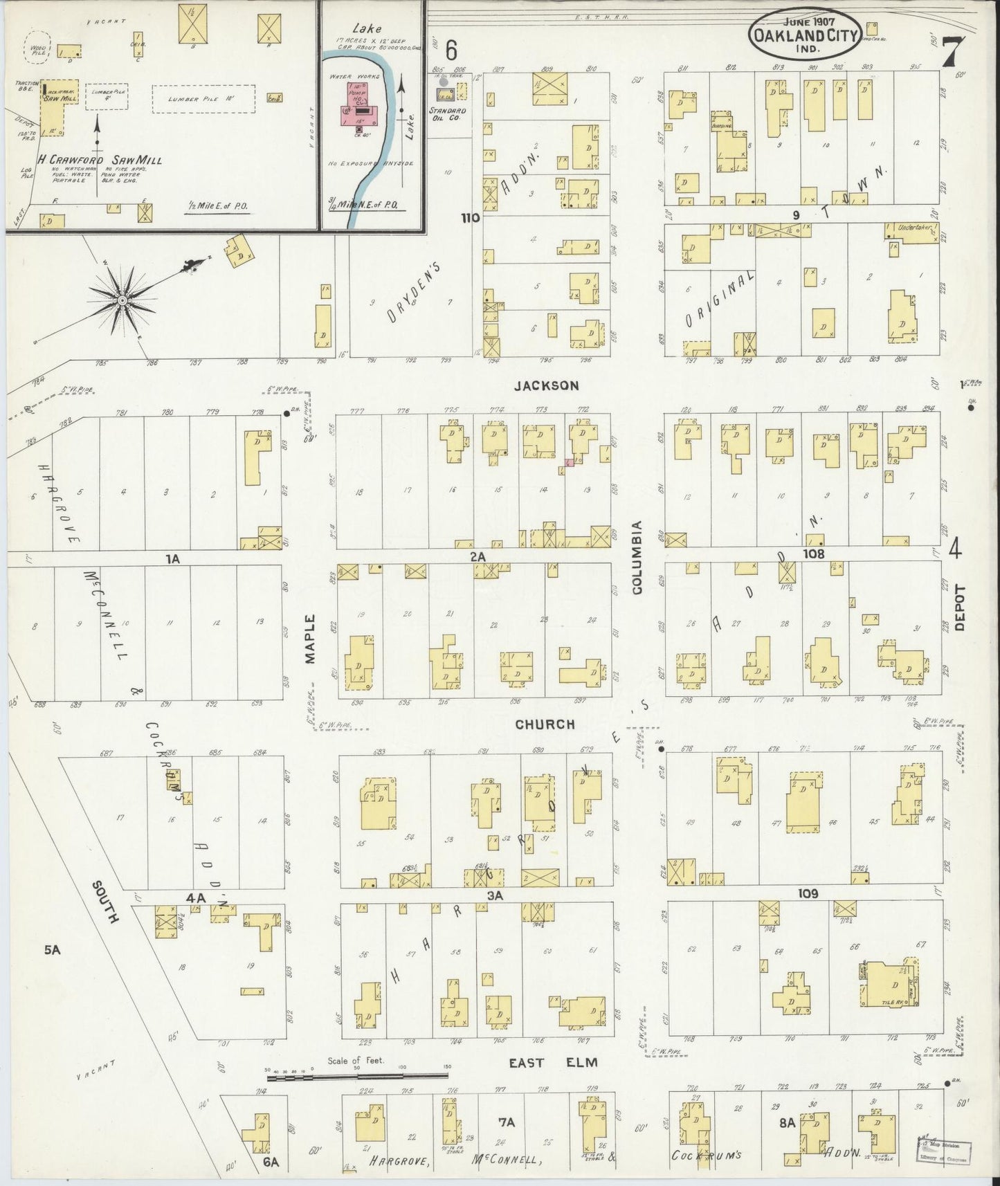 Sanborn Fire Insurance Map from Oakland City, Gibson County, Indiana (1907), Sheet #0007 - Complete Map Set gallery image, historic Sanborn map, vintage wall art, Indiana Indiana
