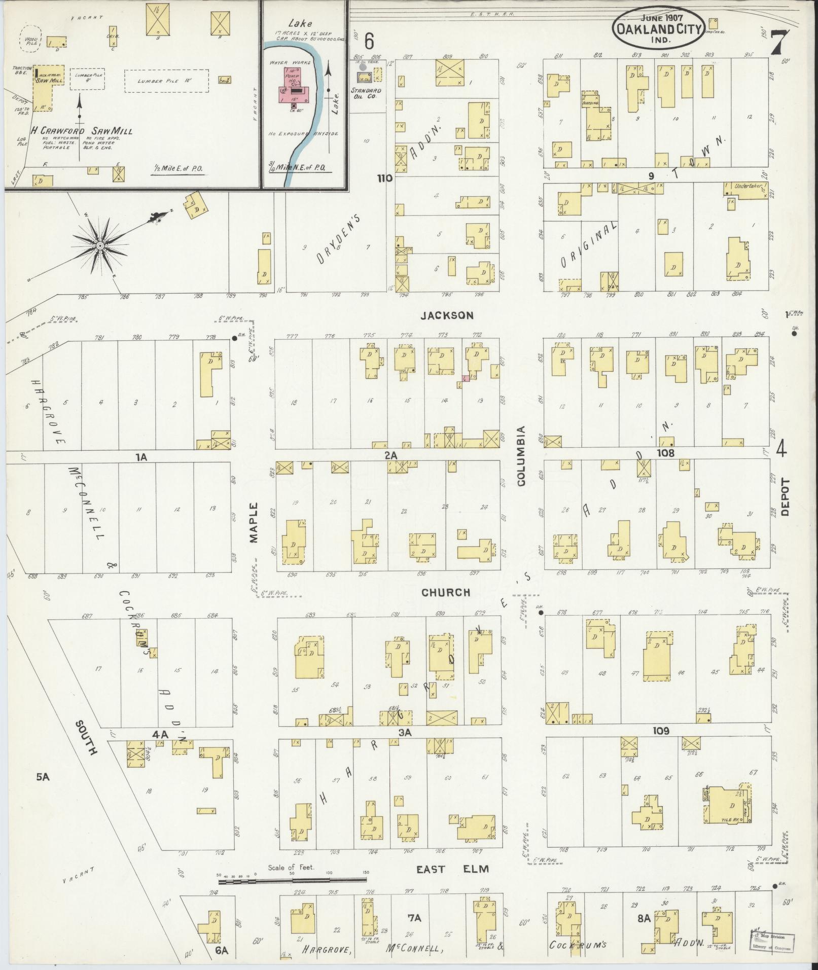 Sanborn Fire Insurance Map from Oakland City, Gibson County, Indiana (1907), Sheet #0007 - Complete Map Set gallery image, historic Sanborn map, vintage wall art, Indiana Indiana