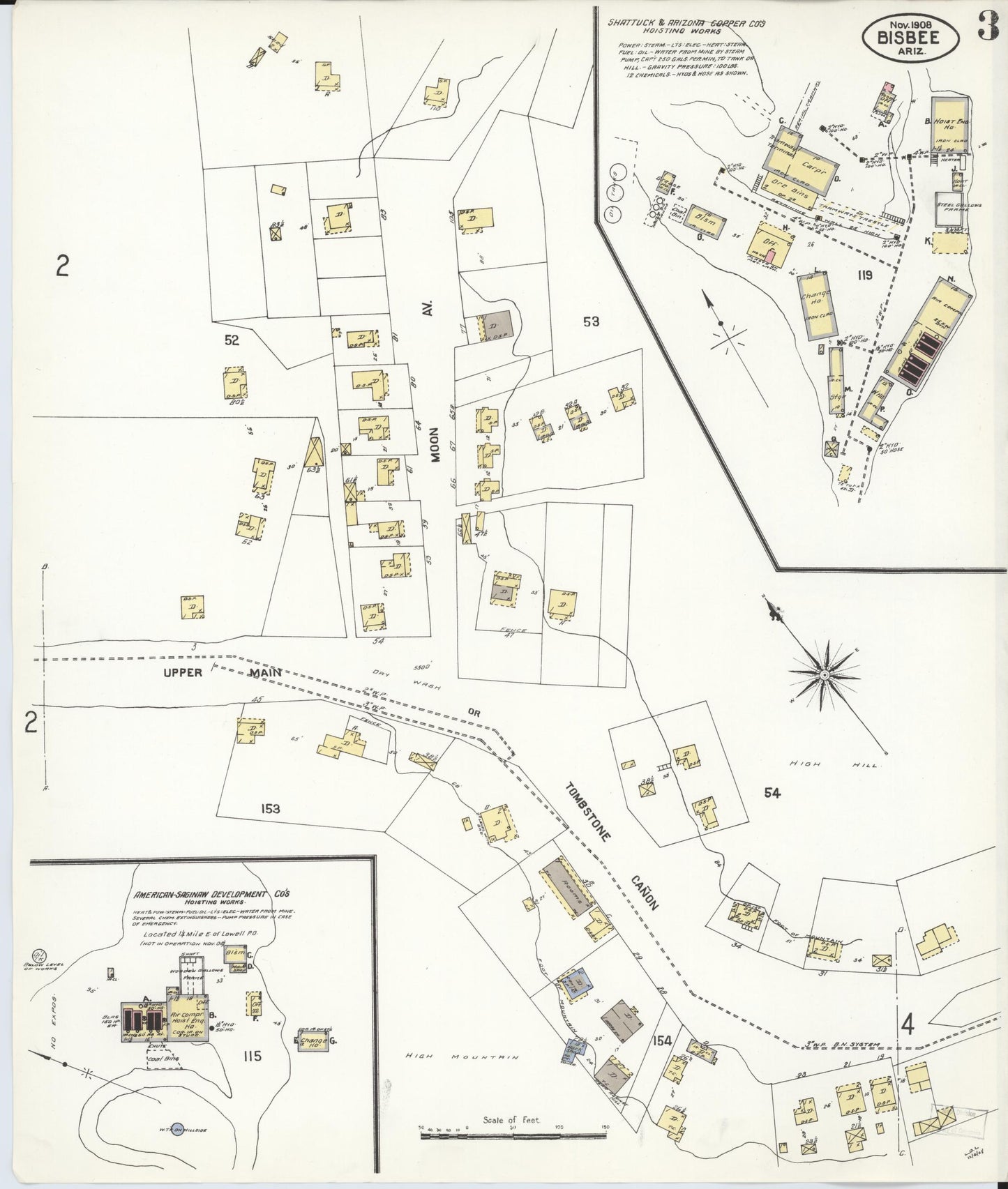 Sanborn Fire Insurance Map from Bisbee, Cochise County, Arizona (1908), Sheet #0003 - Complete Map Set gallery image, historic Sanborn map, vintage wall art, Arizona Arizona