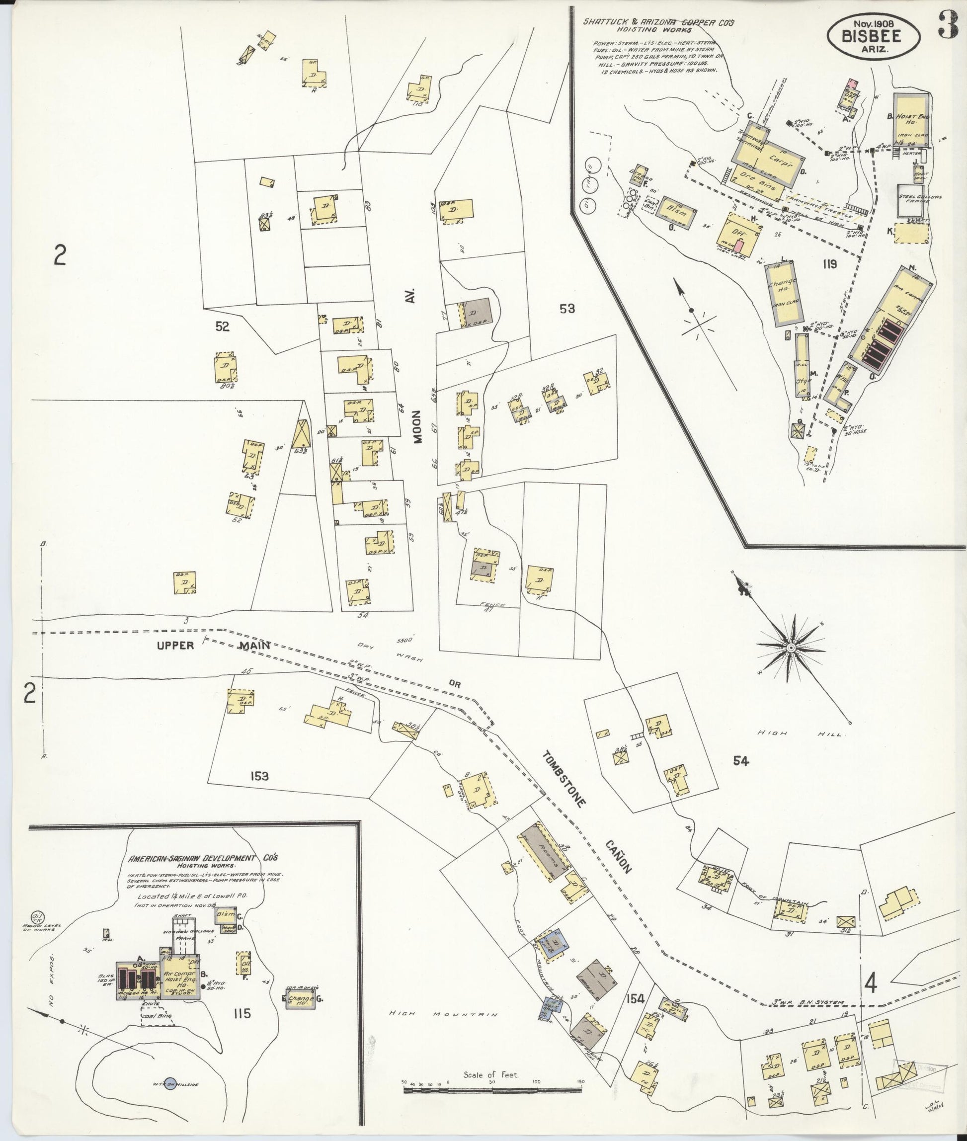 Sanborn Fire Insurance Map from Bisbee, Cochise County, Arizona (1908), Sheet #0003 - Complete Map Set gallery image, historic Sanborn map, vintage wall art, Arizona Arizona